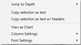 Right Click quick menu for the Thermal Analysis - Data table
